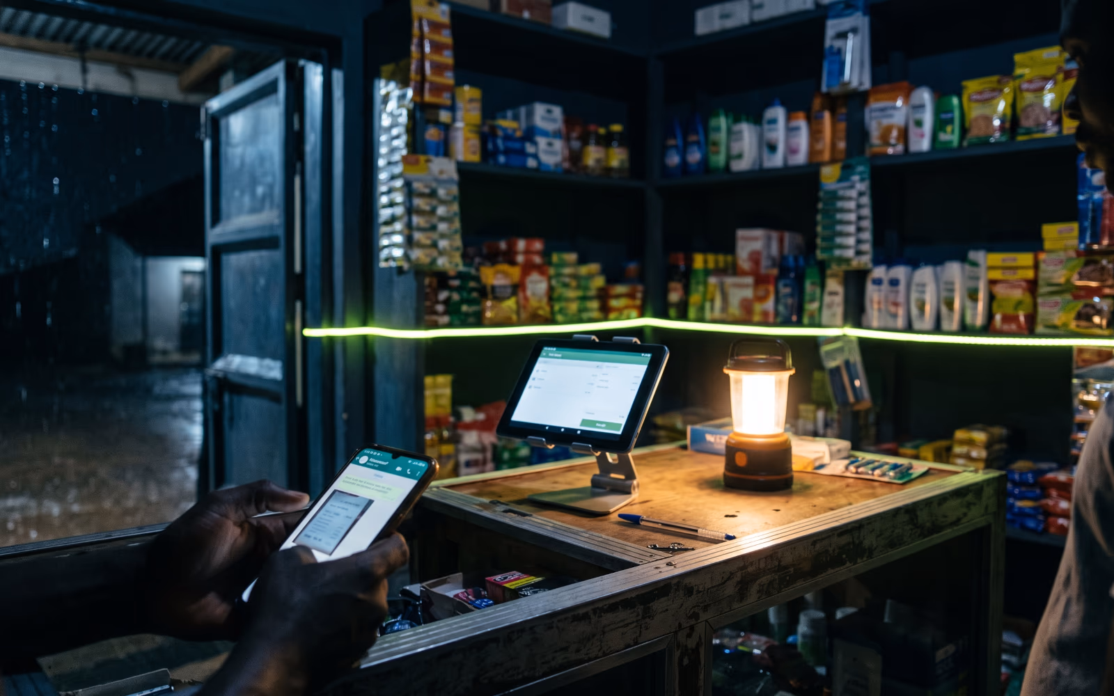 A small shop counter during a power cut, lit by a tablet running Masanchara, with a WhatsApp receipt on a phone