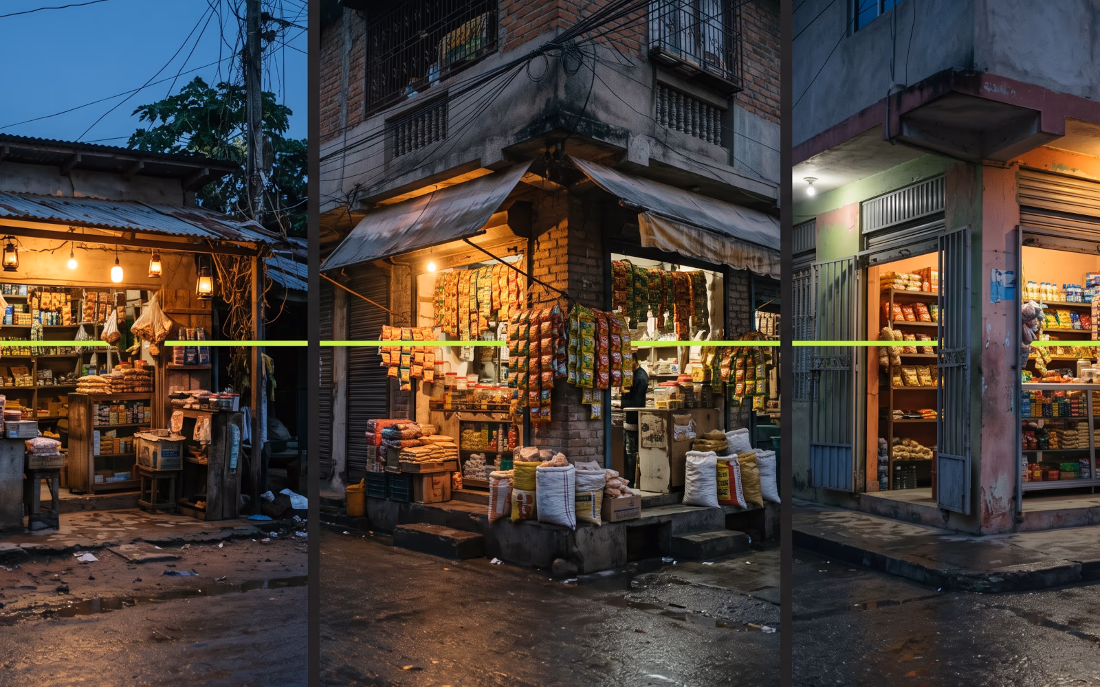 Three small neighbourhood shops from different parts of the world at dusk, joined by one line of light