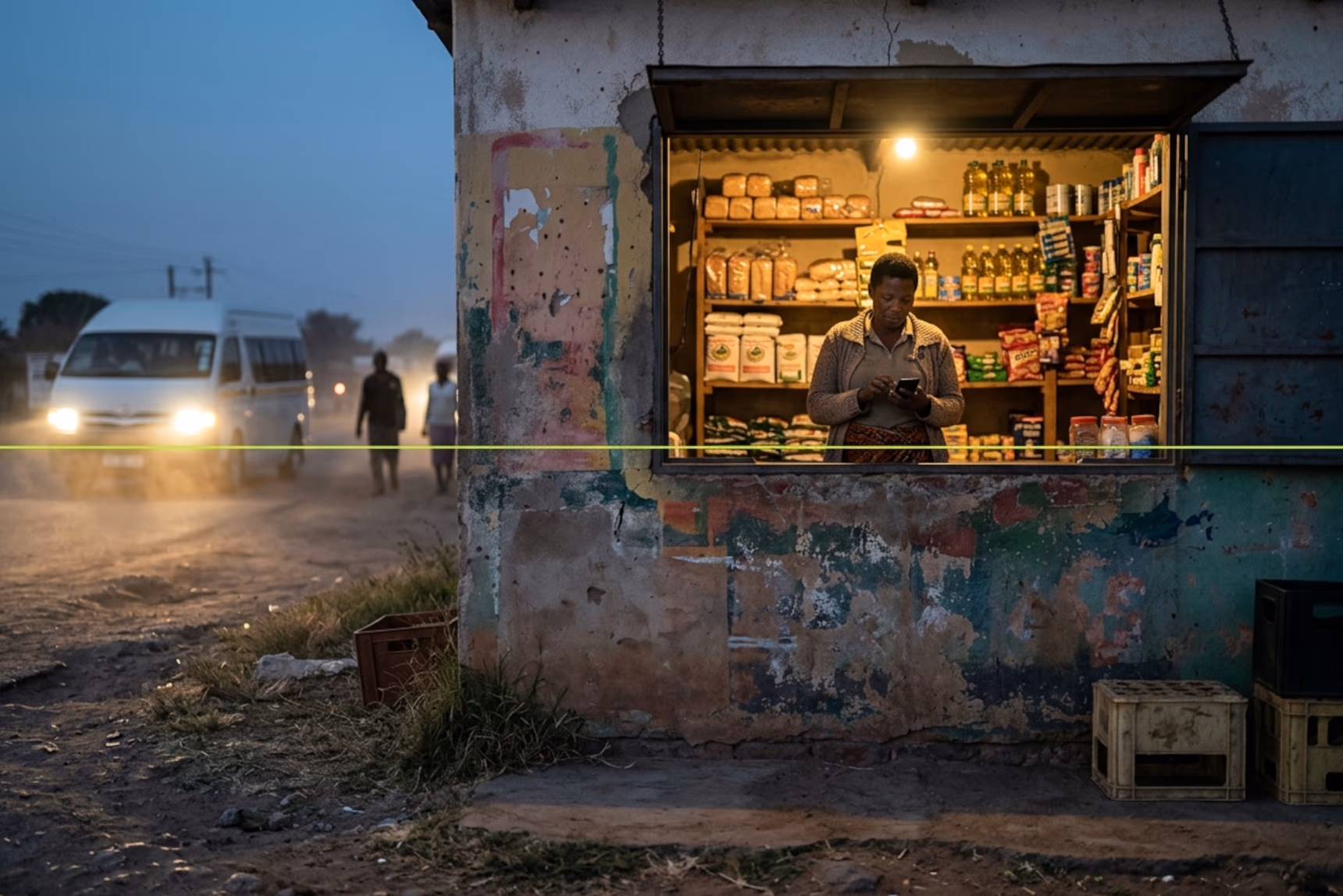 A woman runs her tuckshop beside a main road at dusk, checking the day's sales on a phone