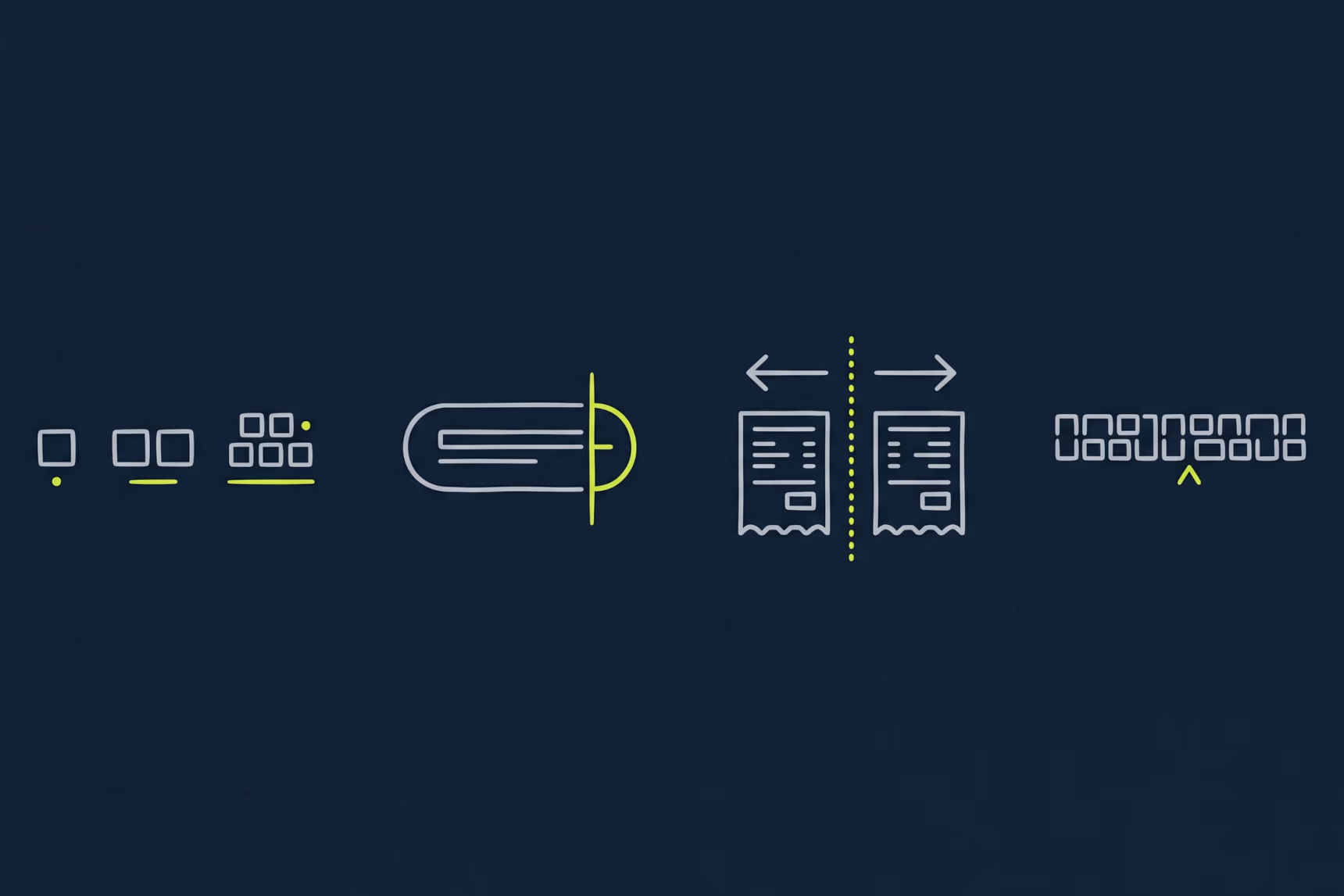 Four translation traps as simple icons: counting forms, a clipped button, a mirrored layout and words without spaces