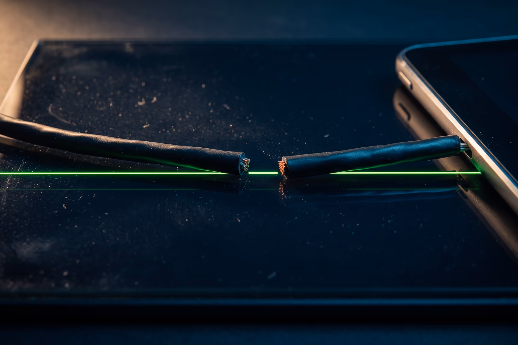A cut network cable lies dead on black glass while a line of light continues unbroken past it