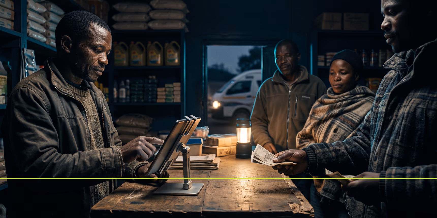 During a power cut, a cashier keeps serving customers by the glow of a tablet till