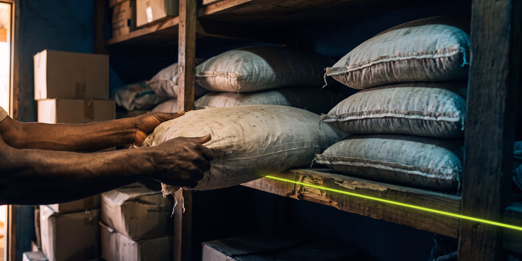A shopkeeper pulls an older bag of rice to the front of the storeroom shelf, newer bags stacked behind