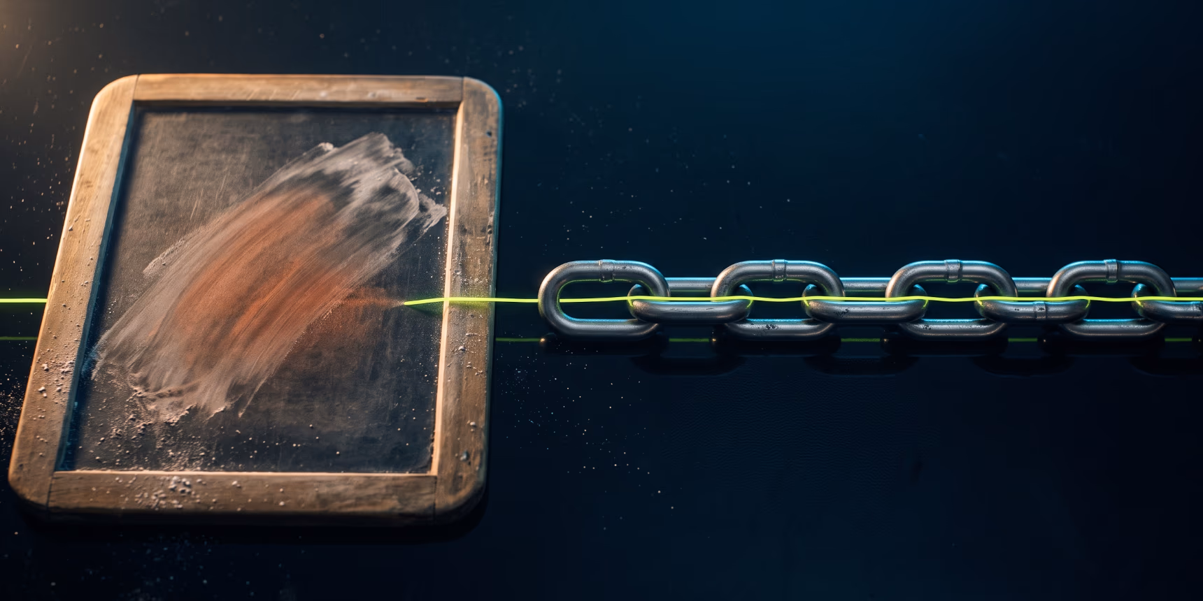 A smudged, erased chalkboard beside a chain of steel links threaded with a line of light