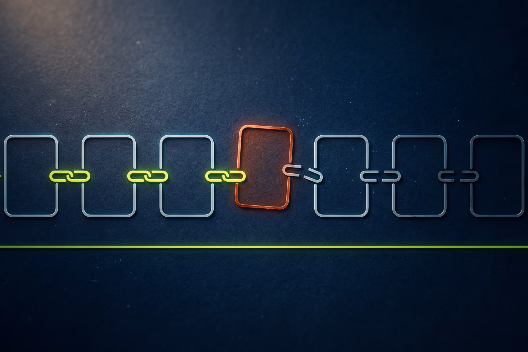 A chain of seven linked records; the fourth is altered and every link after it is broken